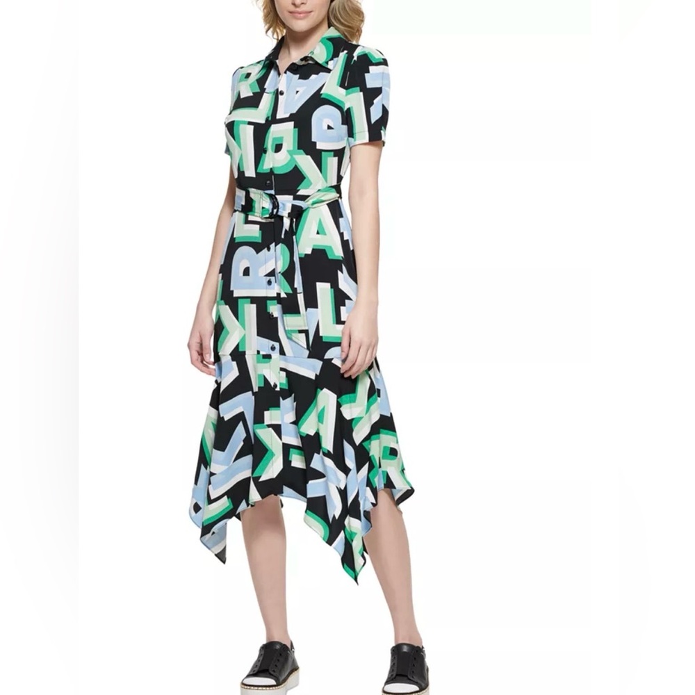 KARL LAGERFELD Button Front Midi Shirt Dress Size M Logo Belted Handkerchief Hem